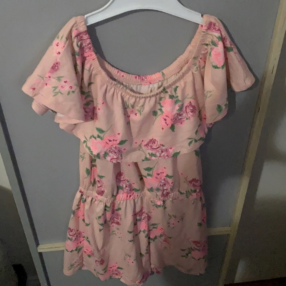Girl pink and flower romper worn once